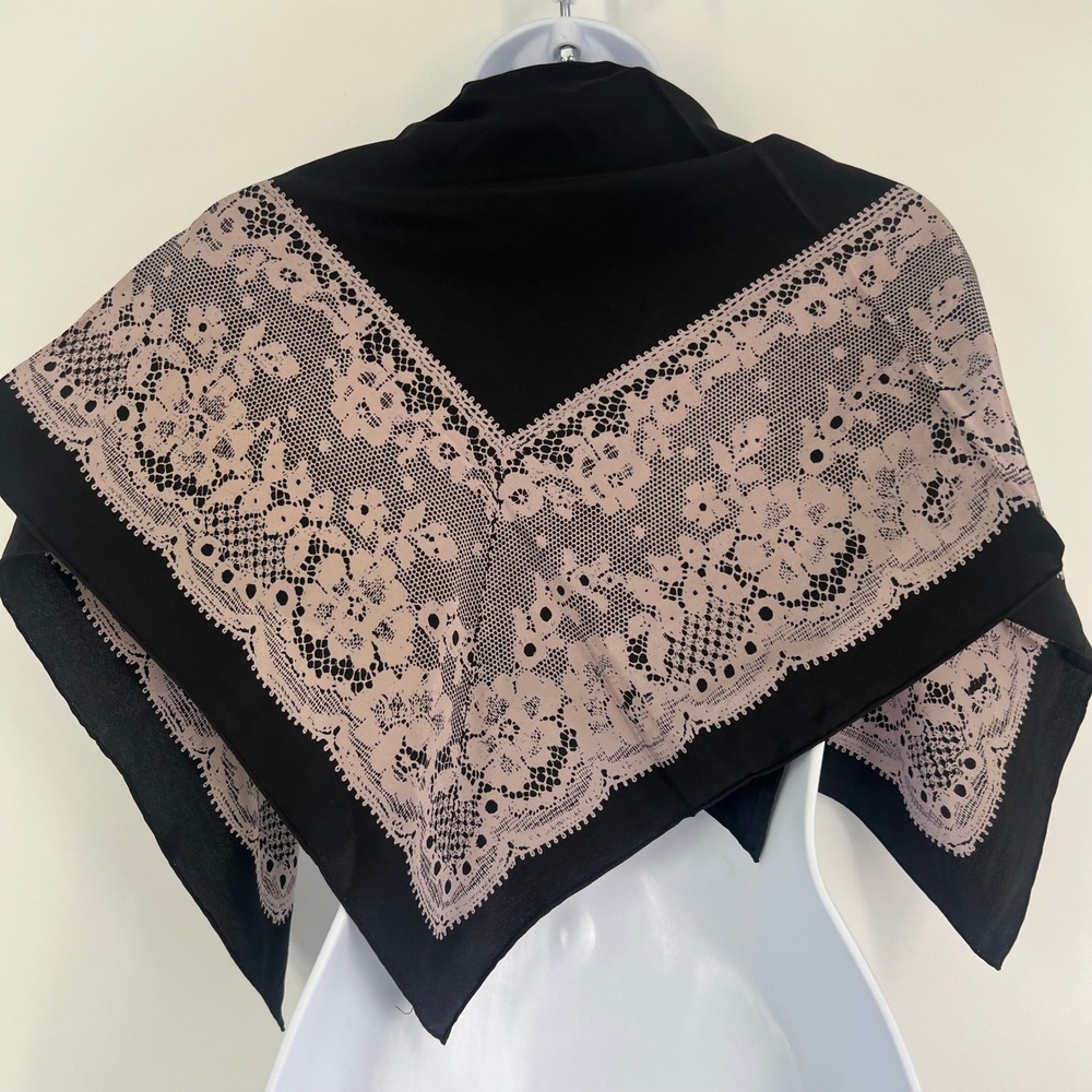 Lanvin Paris Silk Square Scarf Black Pink Floral Lace Print Hand Rolled - Picture 5 of 12